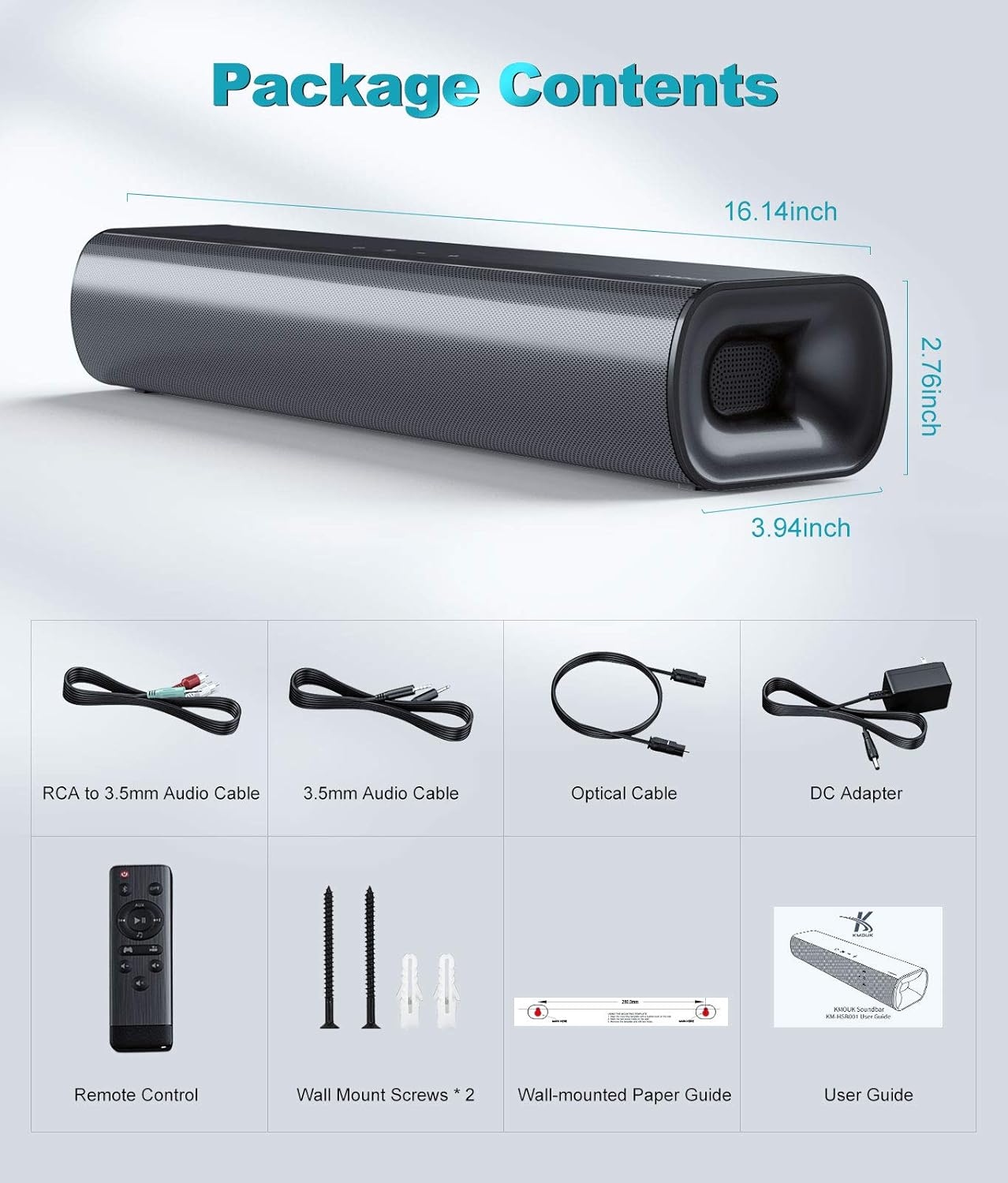 Soundbar, KMOUK Sound Bar for Small TV, Bluetooth 5.0, Mini Sound bar for PC/Home Theater, 2.0 Channel, 3 Equalizer Mode Audio, Optical/Aux/RCA Connection, Wired Gaming Speaker with 3D Surround Sound Pack of 2