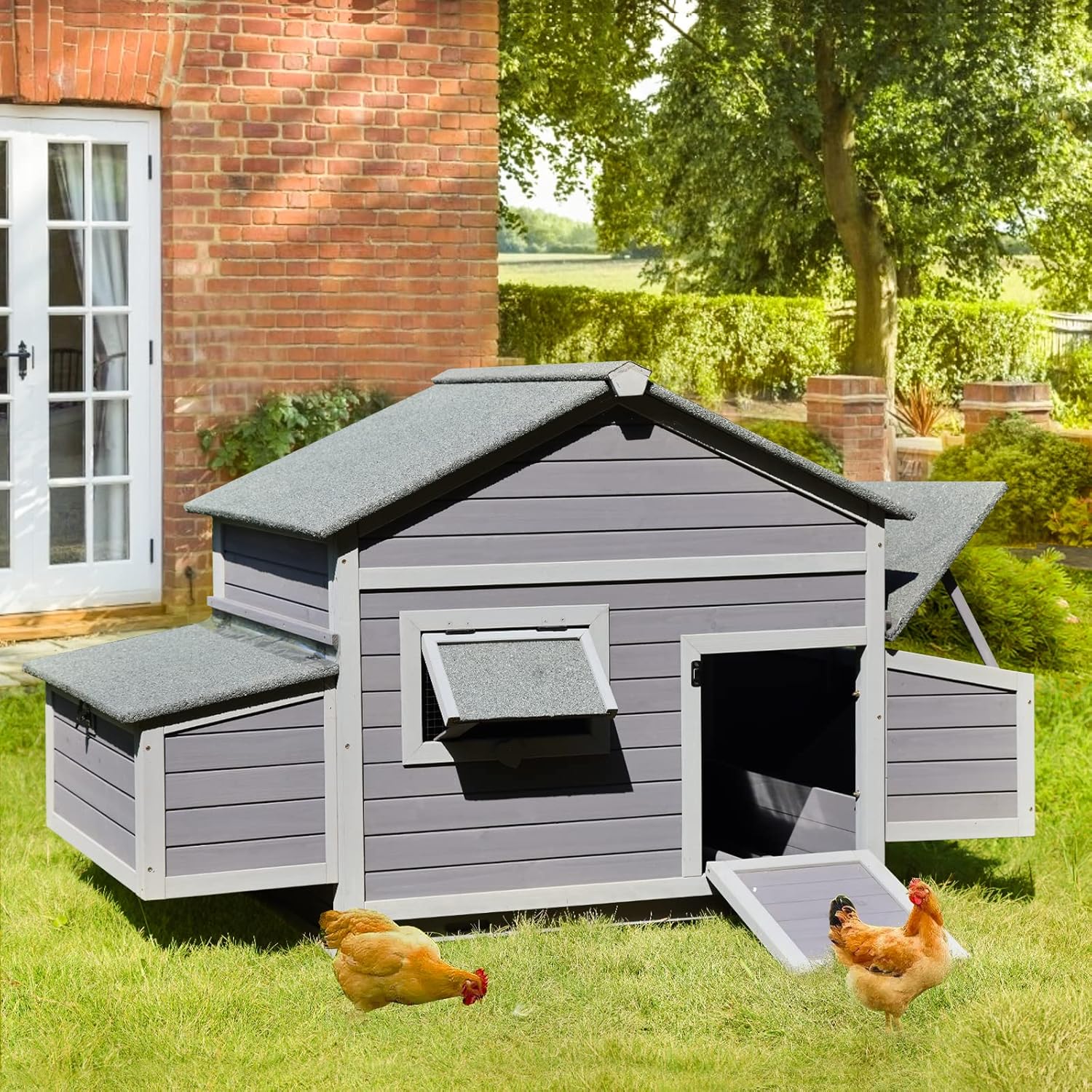 GUTINNEEN Chicken Coop Outdoor Poultry Cage Wooden Hen House with Large Nesting Box, Backyard and Farm