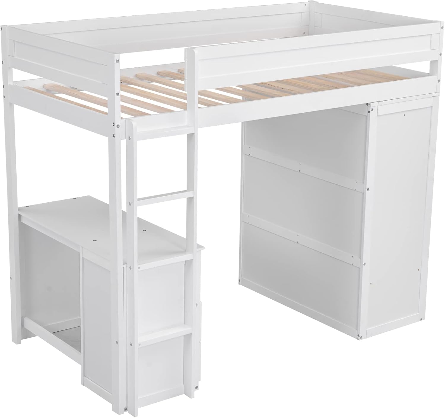Modern Twin Loft Bed with Desk and Wardrobe, Wooden Twin Size Loft Bed with Storage Drawers for Girls Boys Teens,No Box Spring Needed, White