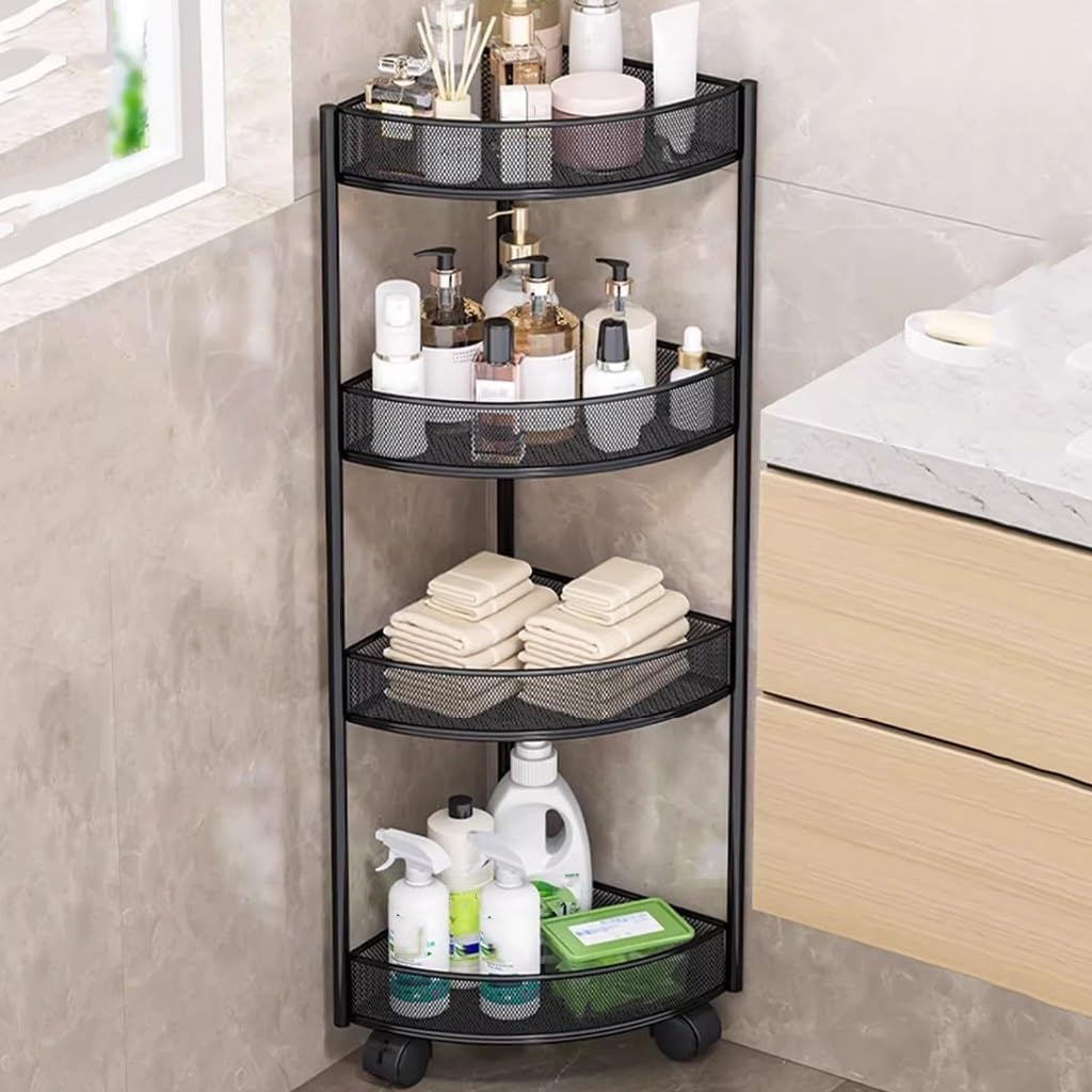 4 Tier Bathroom Corner Triangle Shower Shelf with Wheels, Free-Standing Metal Storage Shelf, Multifunctional Corner Rack Shelving for Living Room, Bedroom, Kitchen, Bathroom