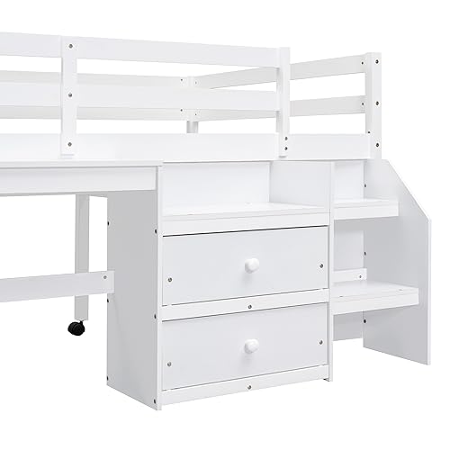 Merax Low Twin with Desk, Wood Loft Bed with 2 Storage Drawers and Lateral Portable Table, No Box Spring Needed, for Boys & Girls (White)