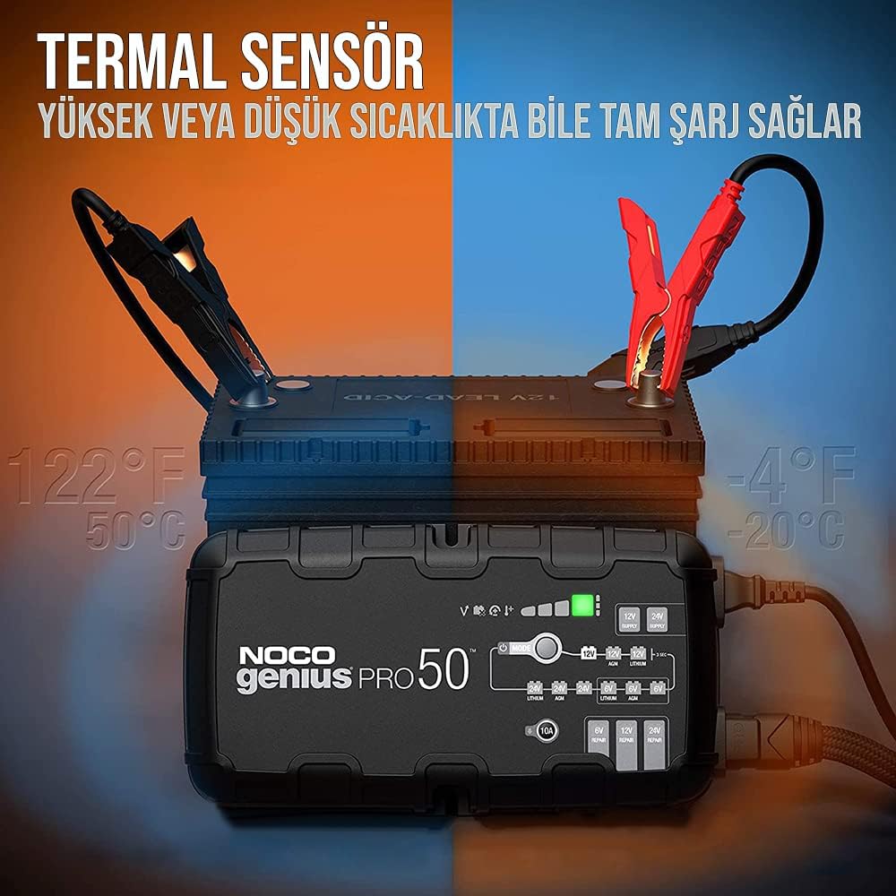 NOCO GENIUSPRO50, 50-Amp Fully-Automatic Professional Smart Charger, 6V, 12V and 24V Battery Charger, Battery Maintainer, Power Supply, and Battery Desulfator with Temperature Compensation