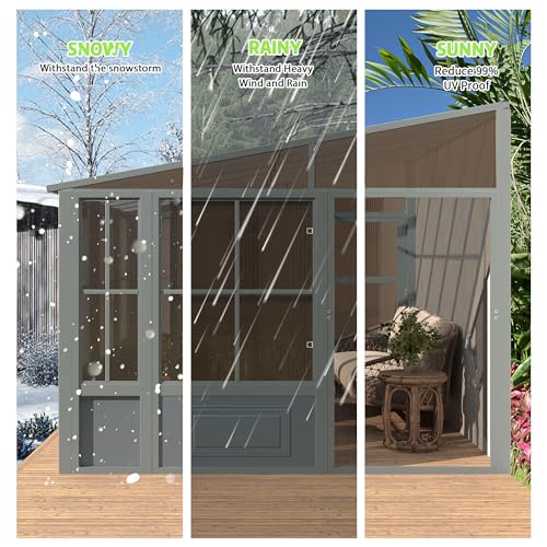 EROMMY 10' x 16' Sunroom, Wall Mounted Gazebo Solarium with Aluminum Frame, Polycarbonate Roof, Permanent Sun Room with Sliding Doors, Lockable PC Screen Walls, Lean to Gazebo for Garden, Patio, Deck
