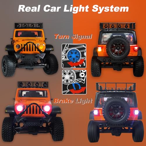 RC Jeep 1/12 Off-Road Climbing Car 4x4 RC Rock Crawler RC Truck 390 Motor LED Lights RC Crawler MN128 with Metal Drive Shaft & Two 1200mAh Battery (Orange)