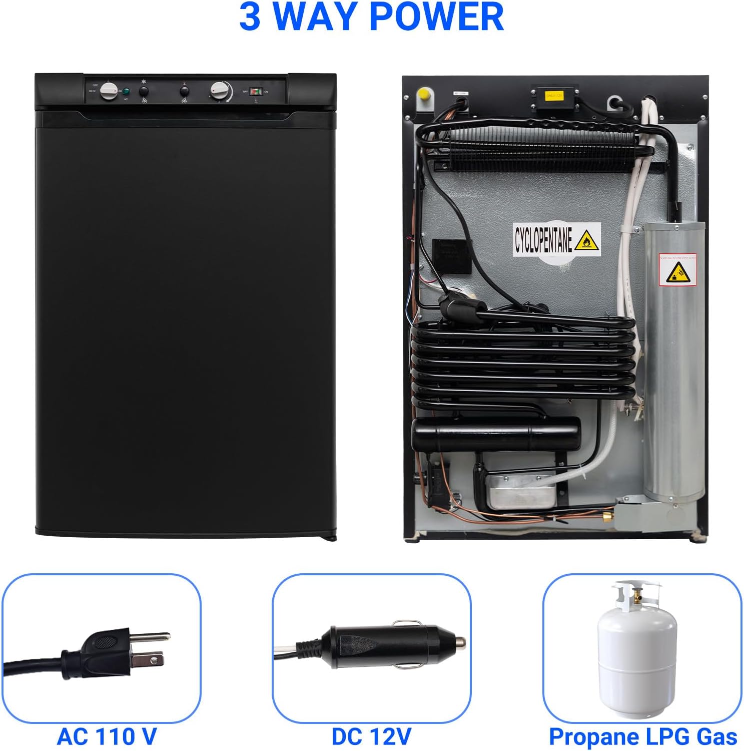 RV Propane Refrigerator with Freezer 3.5 Cu.Ft, 3 Way Fridge AC/DC/GAS Refrigerator for Camper, Cabin, Semi Truck, Van, Quiet, Black
