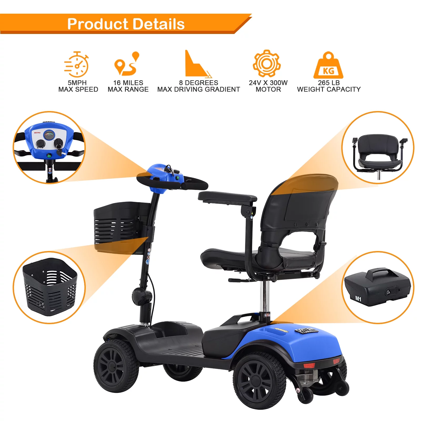 4 Wheels Folding Mobility Scooter for Seniors Adults with Baskets Blue