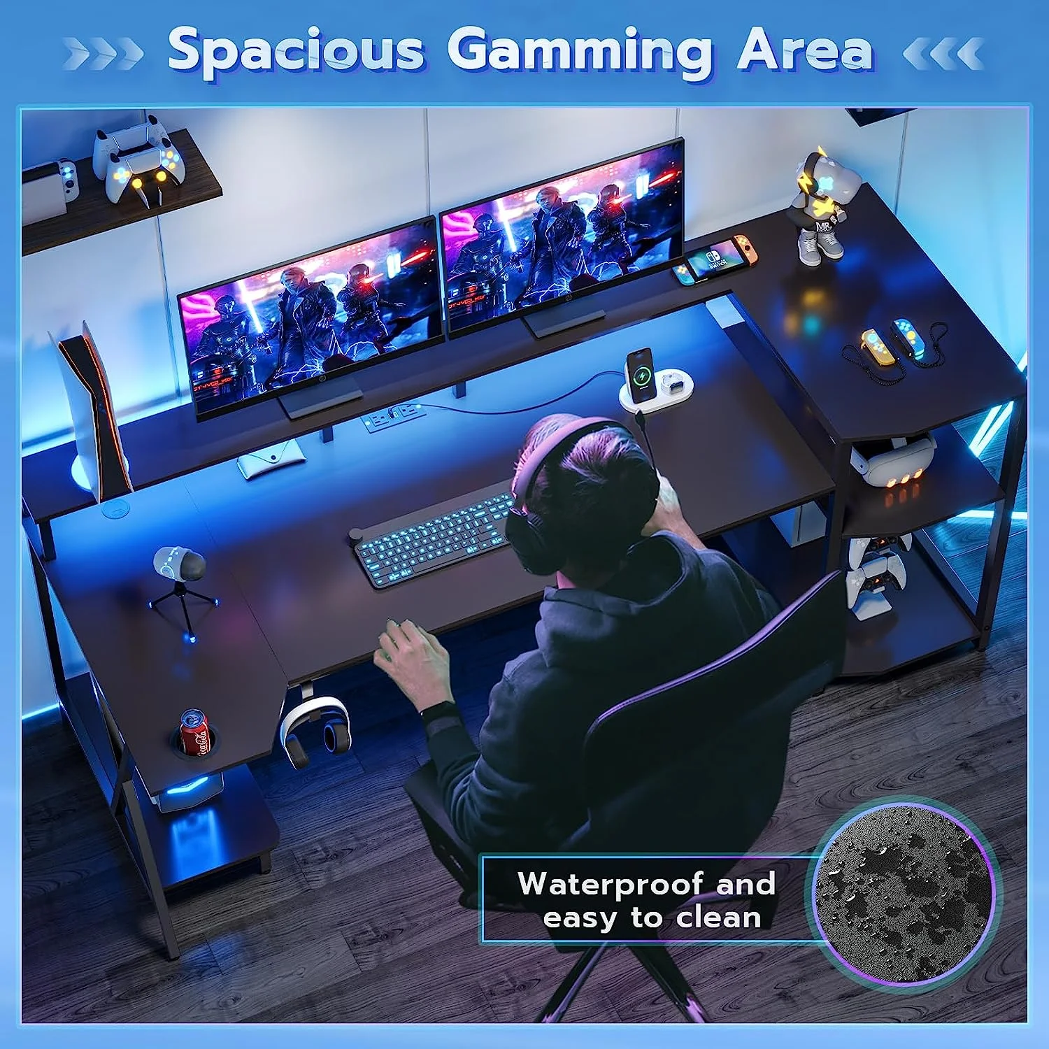 70.8'' Computer Desk with LED Lights and Storage Shelves, Gaming Desk with Monitor Stand, Power Outlets and Cup Holder, Large PC Gamer Desk Gaming Table for Bedroom, Living Room, Black