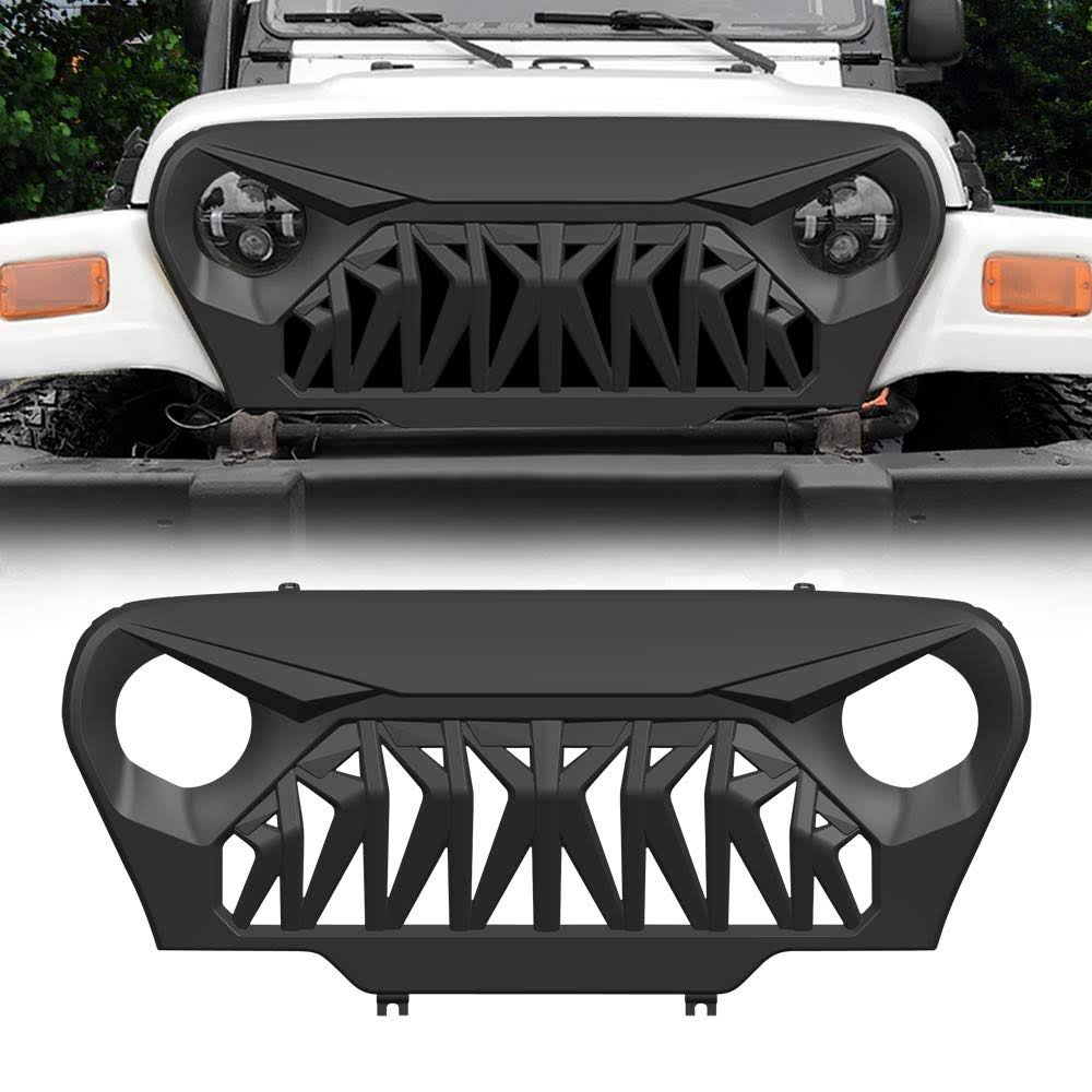 Am American Modified American Modified Matte Black Front Shark Grill for 1997-2006 Jeep Wrangler TJ Unlimited Sahara Sport, ABS