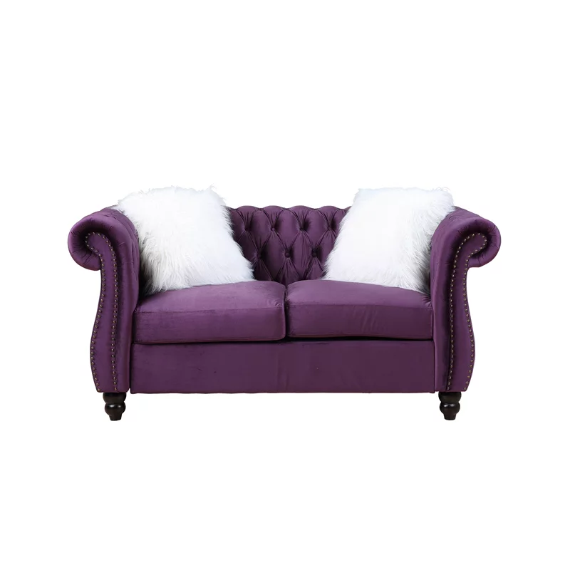 Bowery Hill Transitional Loveseat with 2 Pillows in Purple Velvet