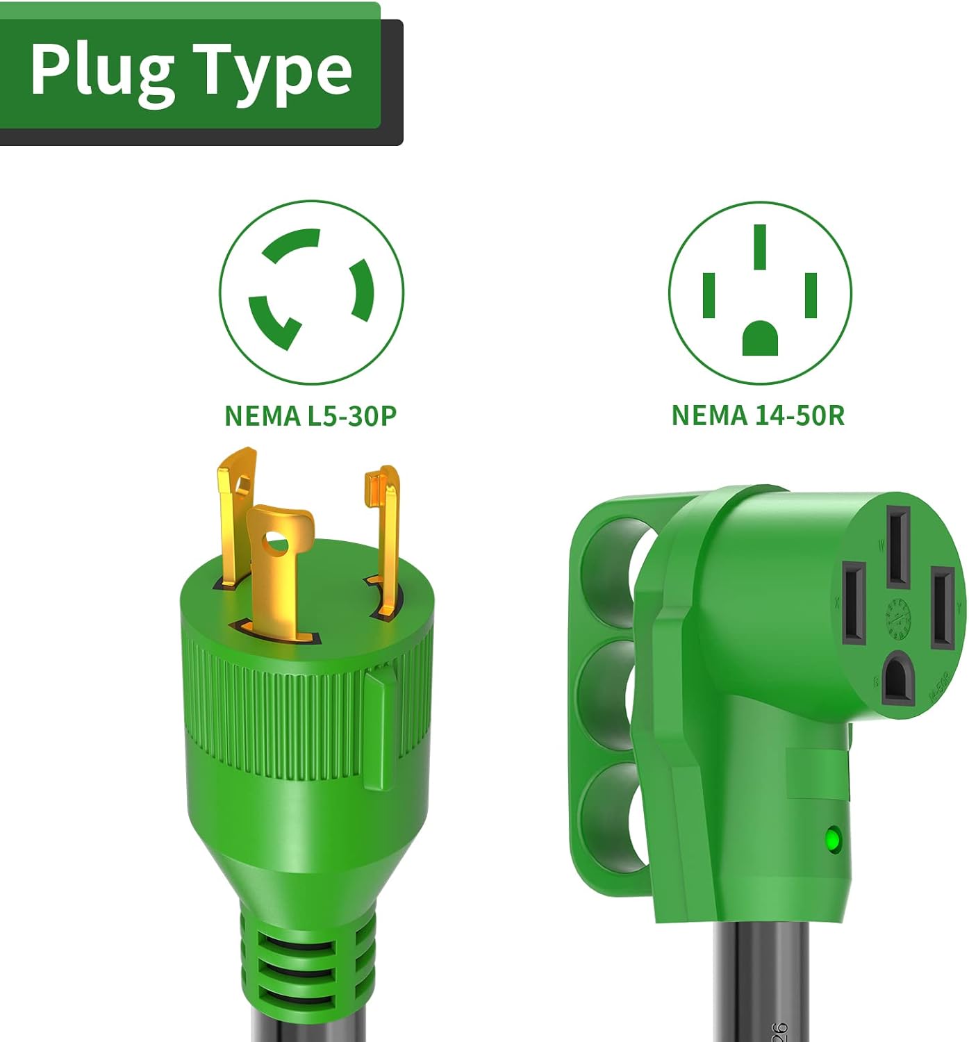 RVGUARD 4 Prong 30 Amp to 30 Amp RV Generator Adapter Cord 12 Inch, STW 10/3, L14-30P Locking Male Plug to TT-30R Female with LED Power Indicator, Green