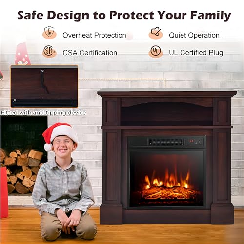 SIMOE 32 Inch Electric Fireplace, 1400W Freestanding Fireplace Heater w/Remote Control & Adjustable 3D Flame Effect, Indoor Fireplace Mantel for Living Room, Bedroom
