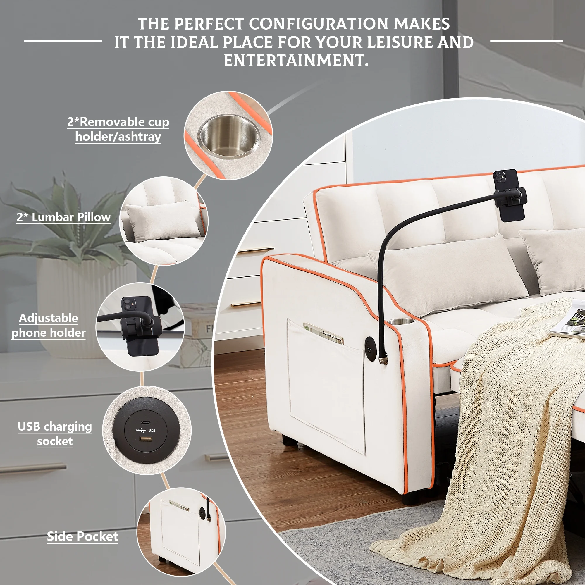 Muumblus Pull Out Sofa Bed, 3-in-1 Convertible Sofa Bed, Modern 2 Seater Sofa Bed with USB Port and Cup Holders, Velvet Loveseat Sleeper for Living Room, Small Spaces, Beige