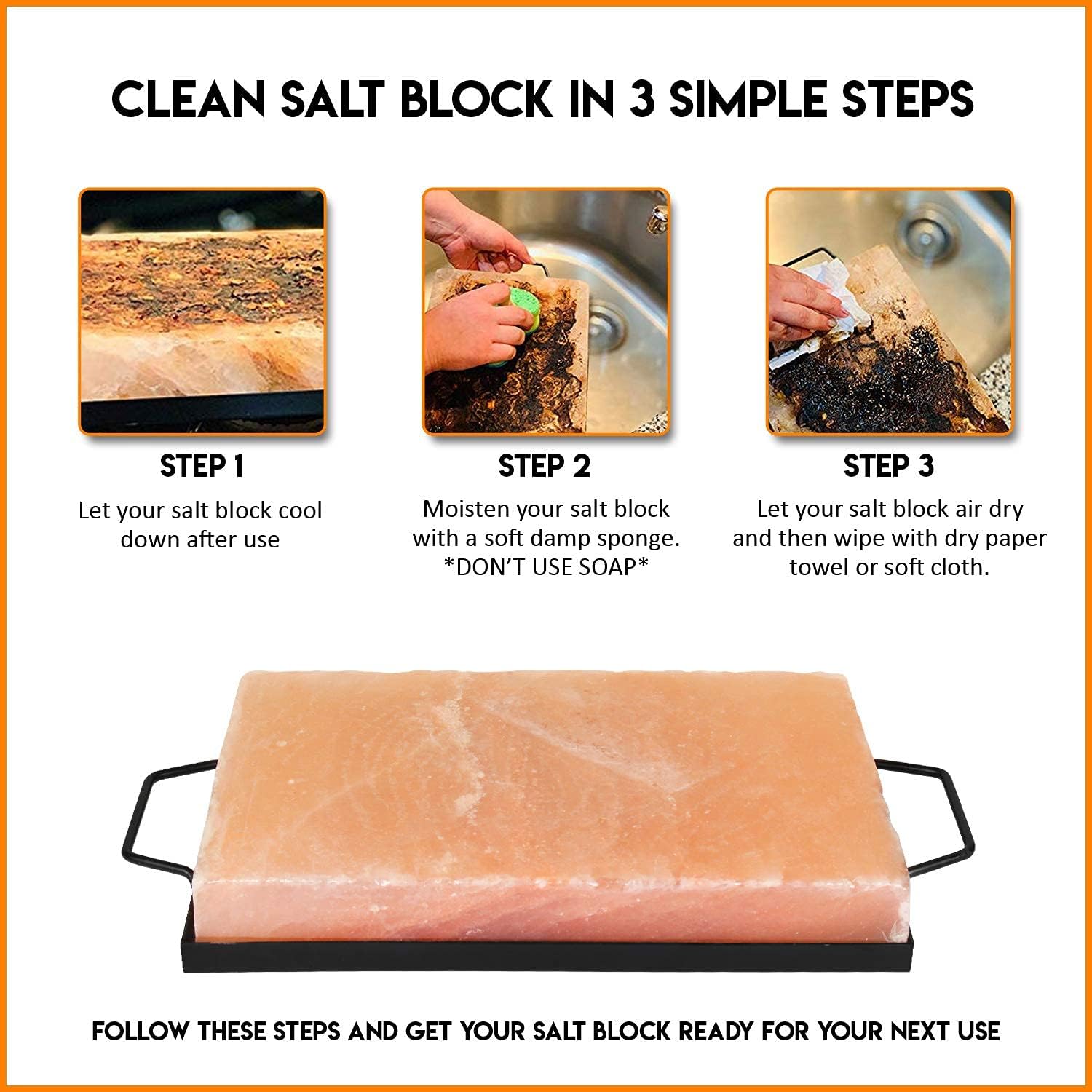 Himalite Himalayan Pink Salt Block & Metal Tray Set 12” x 8” x 1.5” for Cooking, Grilling, Cutting, and Serving with Himalayan Cooking Accessories Pack of 2