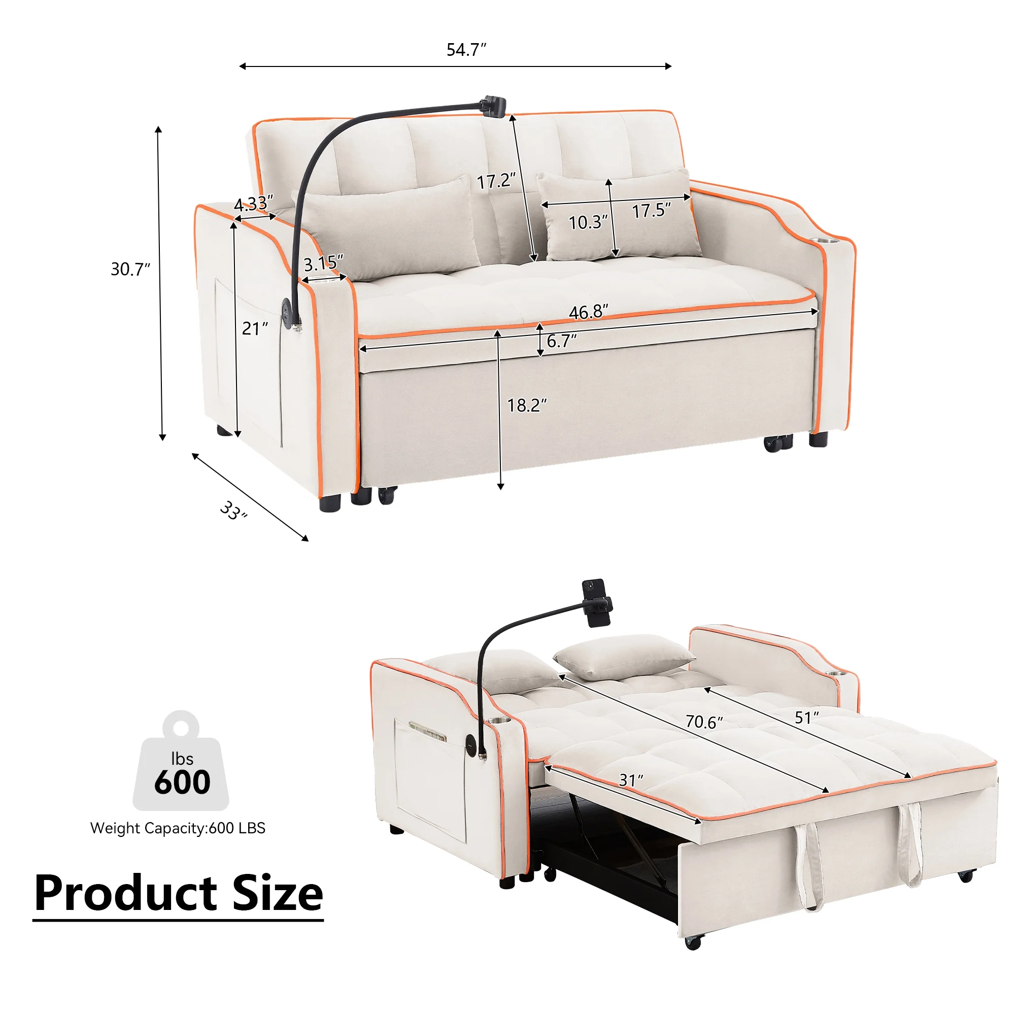Muumblus Pull Out Sofa Bed, 3-in-1 Convertible Sofa Bed, Modern 2 Seater Sofa Bed with USB Port and Cup Holders, Velvet Loveseat Sleeper for Living Room, Small Spaces, Beige