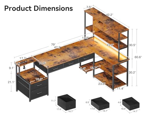 AODK 71 inch L Shaped Desk with File Drawers, Reversible L Shaped Gaming Desk with Power Outlets & LED Lights, Computer Desk with Storage Shelves for Home Office, Black