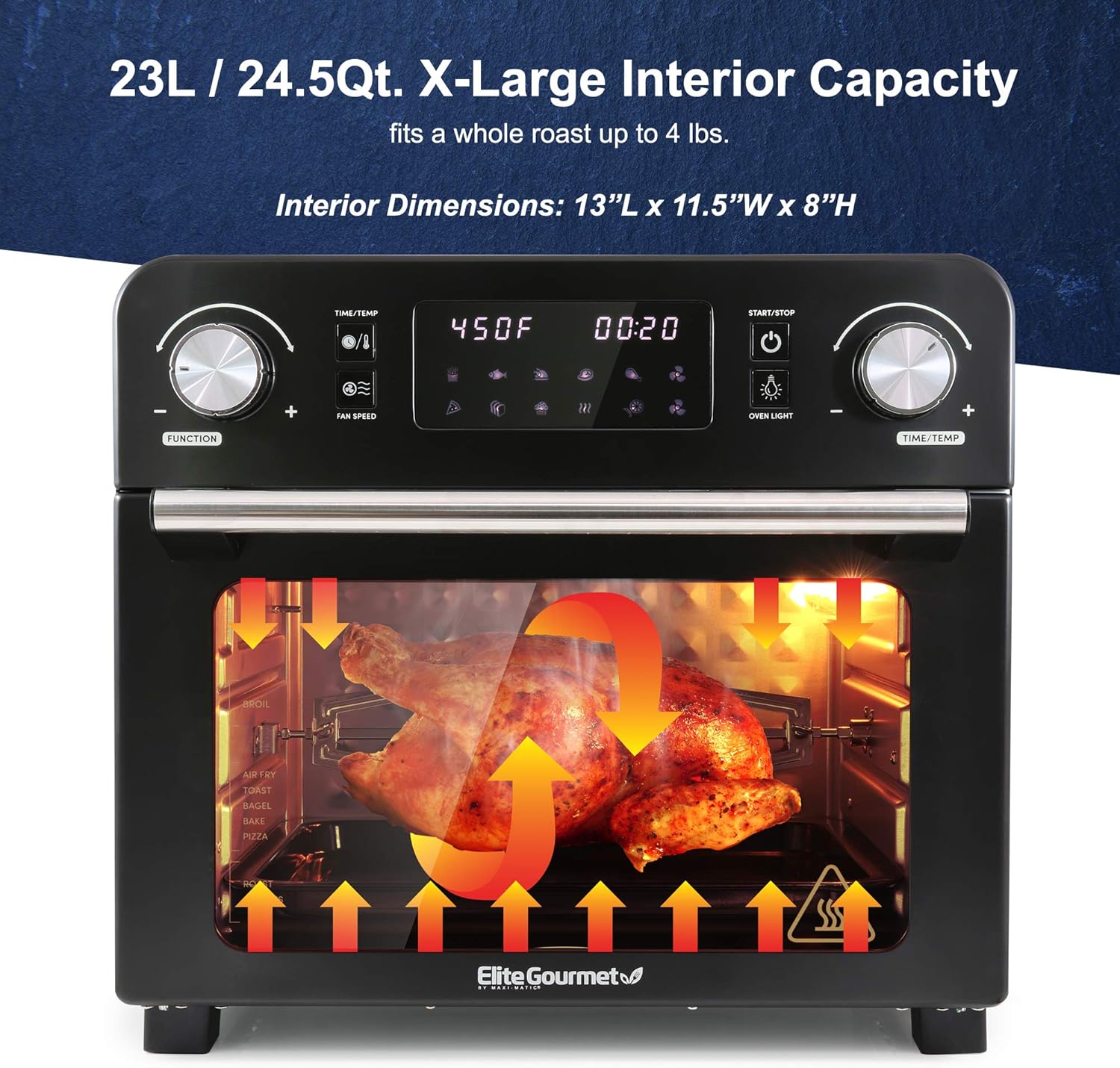 Elite Gourmet EAF9310 Digital Programmable Fryer Oven, Oil-Less Convection Oven Extra Large 24.5 Quart Capacity, fits 12" pizza, Grill, Bake, Roast, Air Fry, 1700-Watts, Black