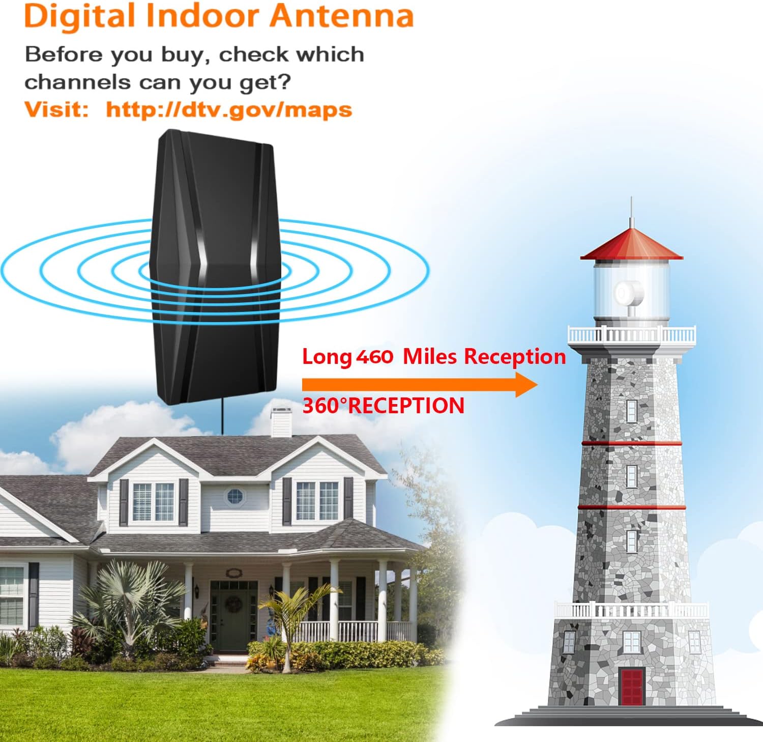 TV Antenna-Amplified HDTV Digital Outdoor/Indoor TV Antenna Long 460 Miles Range 360° Reception-Support 4K 1080P Fire tv Stick All TVs Smart Switch Amplifier Signal Booster-45ft Coax Cable