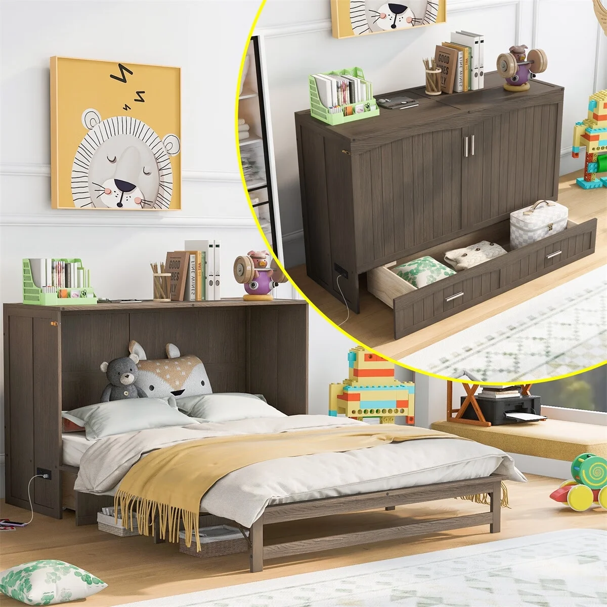 VIRUBI Queen Size Murphy Bed with Built-In Charging Station