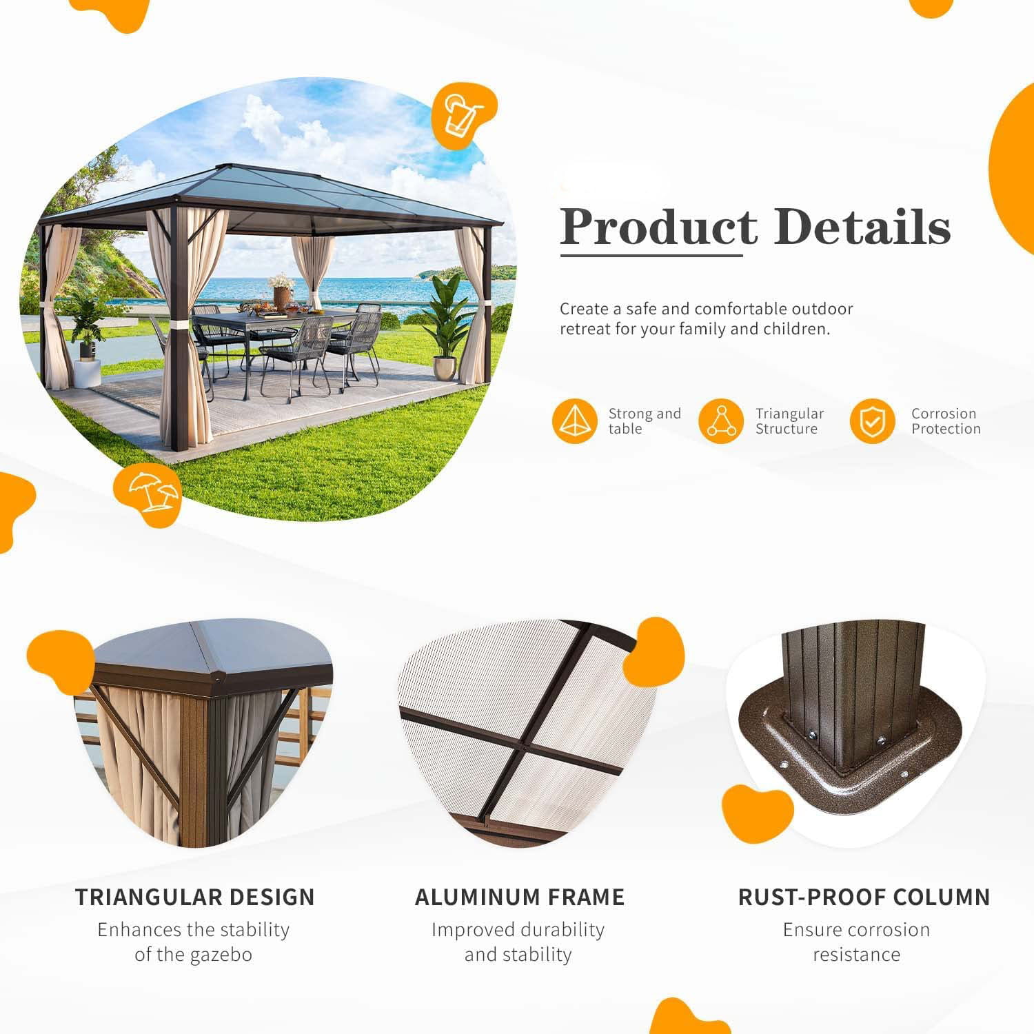 Hommow 10' x 13' Outdoor Hardtop Gazebo, Sun Roof Patio Gazebo with Aluminum Frame