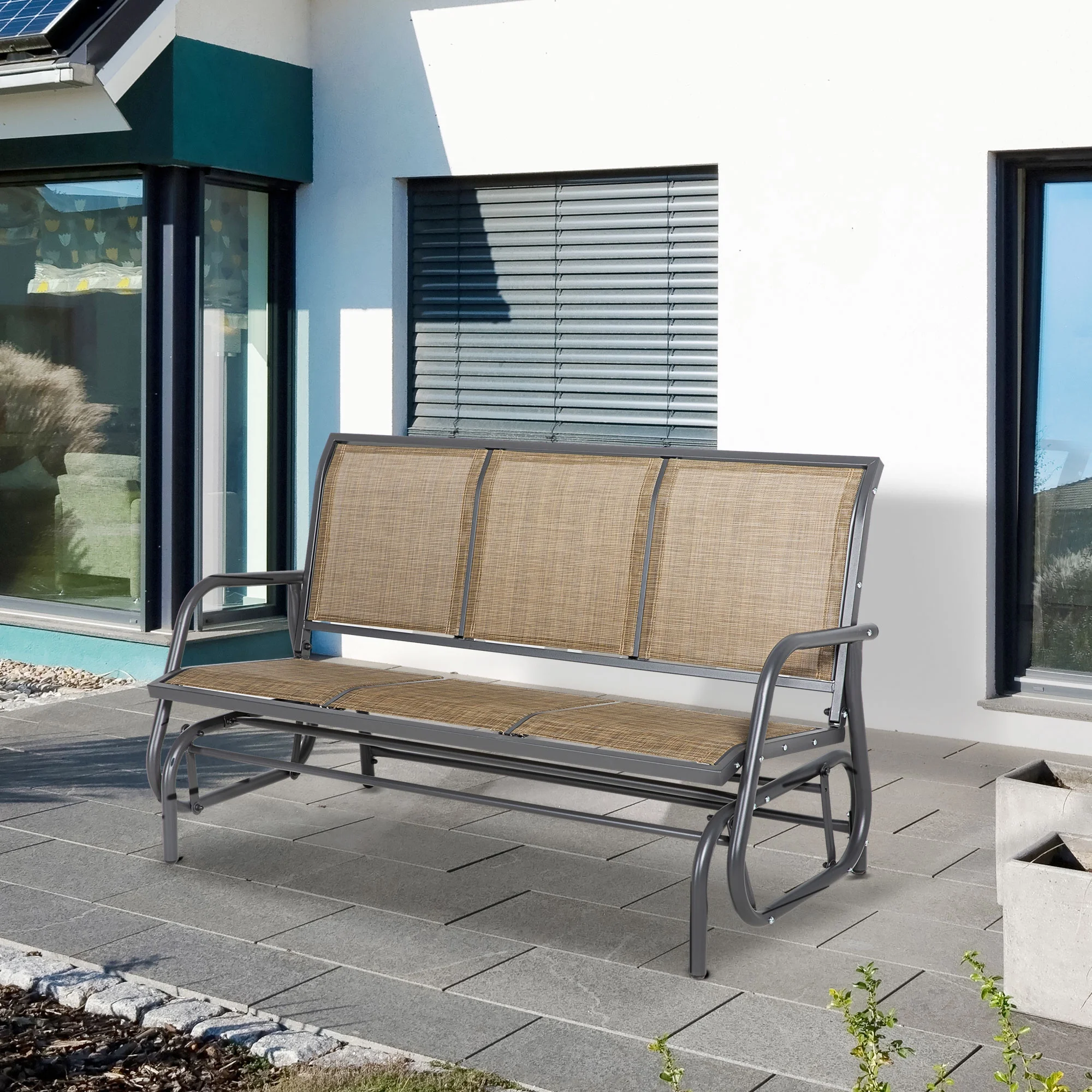 Outsunny Outdoor Glider Bench for 3 with Breathable Mesh Fabric, Brown