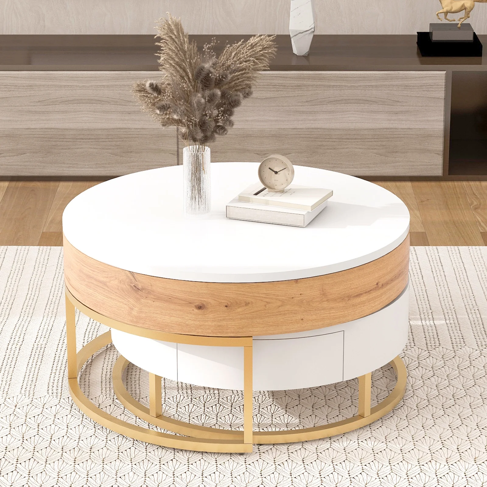 YISUYA Modern Round Lift-top Nesting Coffee Tables with 2 Drawers, Multifunctional Coffee Table, Lift Top Coffee Table, Center Table for Living Room, Home, Office, Oak Natural Wood + Antique White