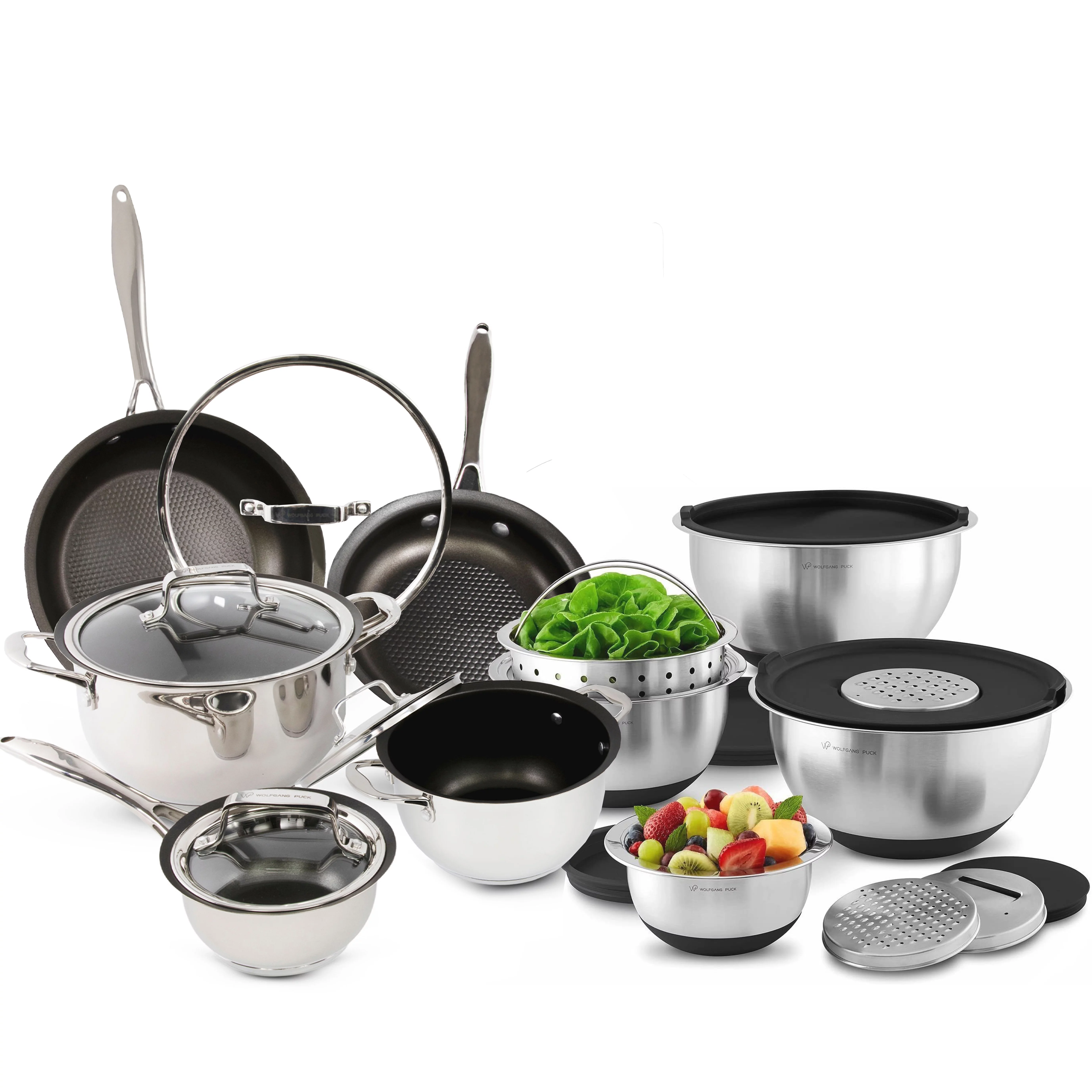 Wolfgang Puck 21-Piece Stainless Steel Cookware and Mixing Bowls Set, Non-Stick Pots, Pans & Skillets - Curated Treasures Market