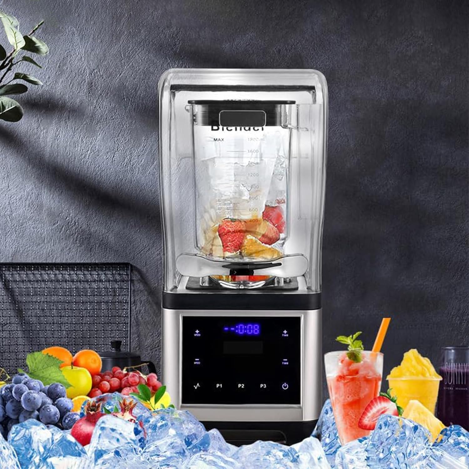1.8L 2200W Blenders For Kitchen,Commercial Blender With Sound Shield Household High Speed Quiet Blender,Ice Mixer Blender For Make Smoothies,Juice,Soy Milk,Black And Silver Blender