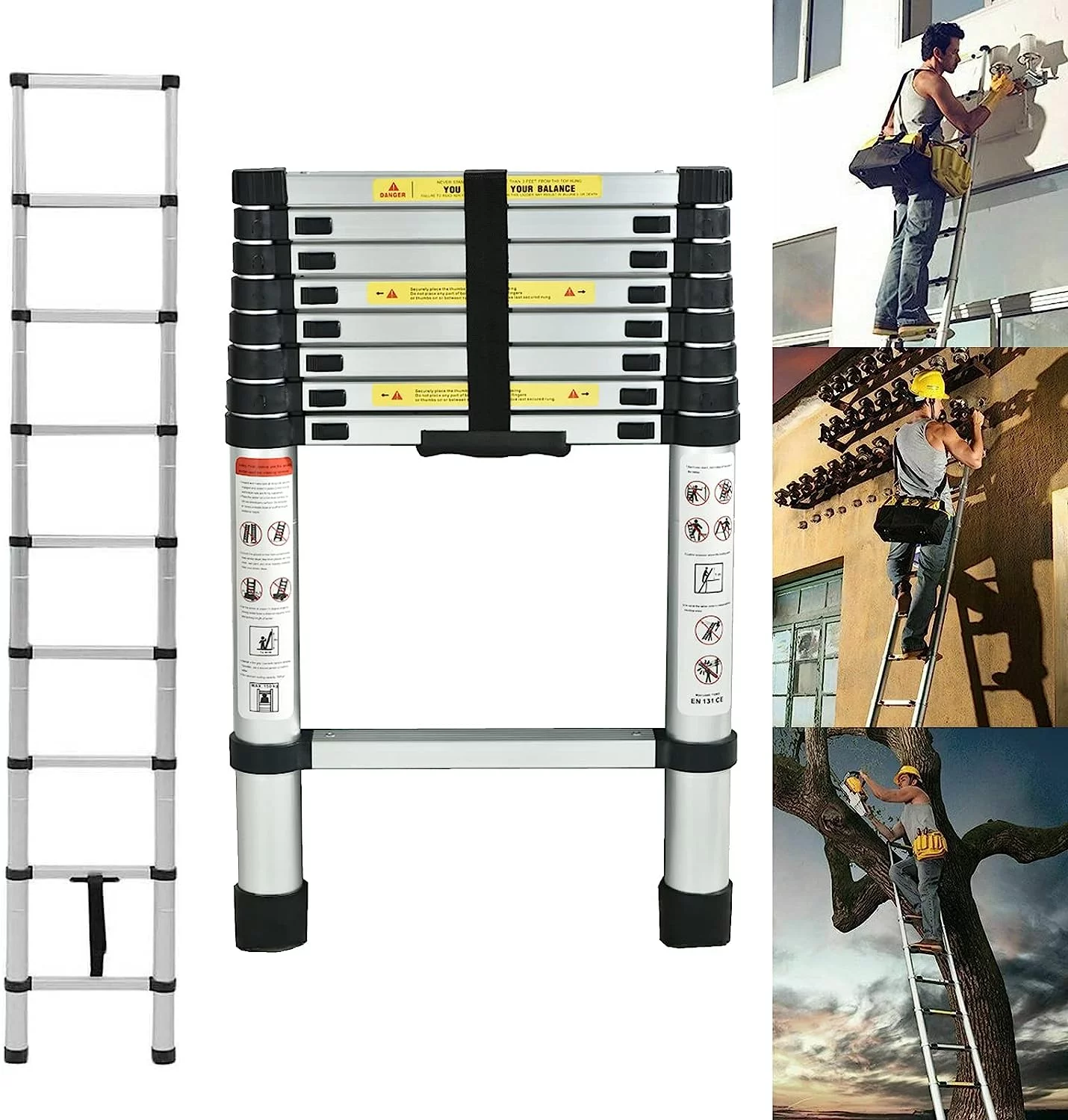 Telescoping Ladder, 8.5 FT Aluminum Extension Ladder Step Ladders Loft Ladder Attic Ladder Collapsible Ladders for Home, Multi-Purpose Telescopic Compact Ladder for Roof, 330 Pound , EN131 - Curated Treasures Market