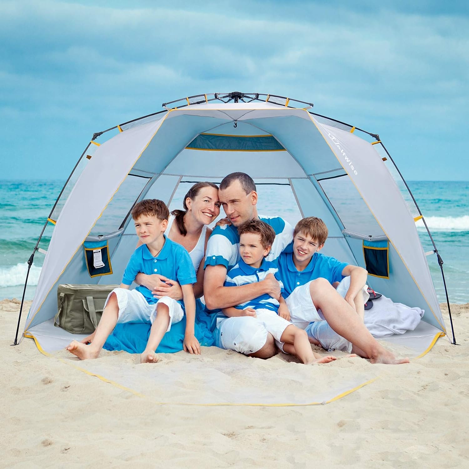 WolfWise 3-4 Person Easy Up Beach Tent UPF 50+ Portable Instant Sun Shelter Canopy Umbrella with Extended Zippered Porch