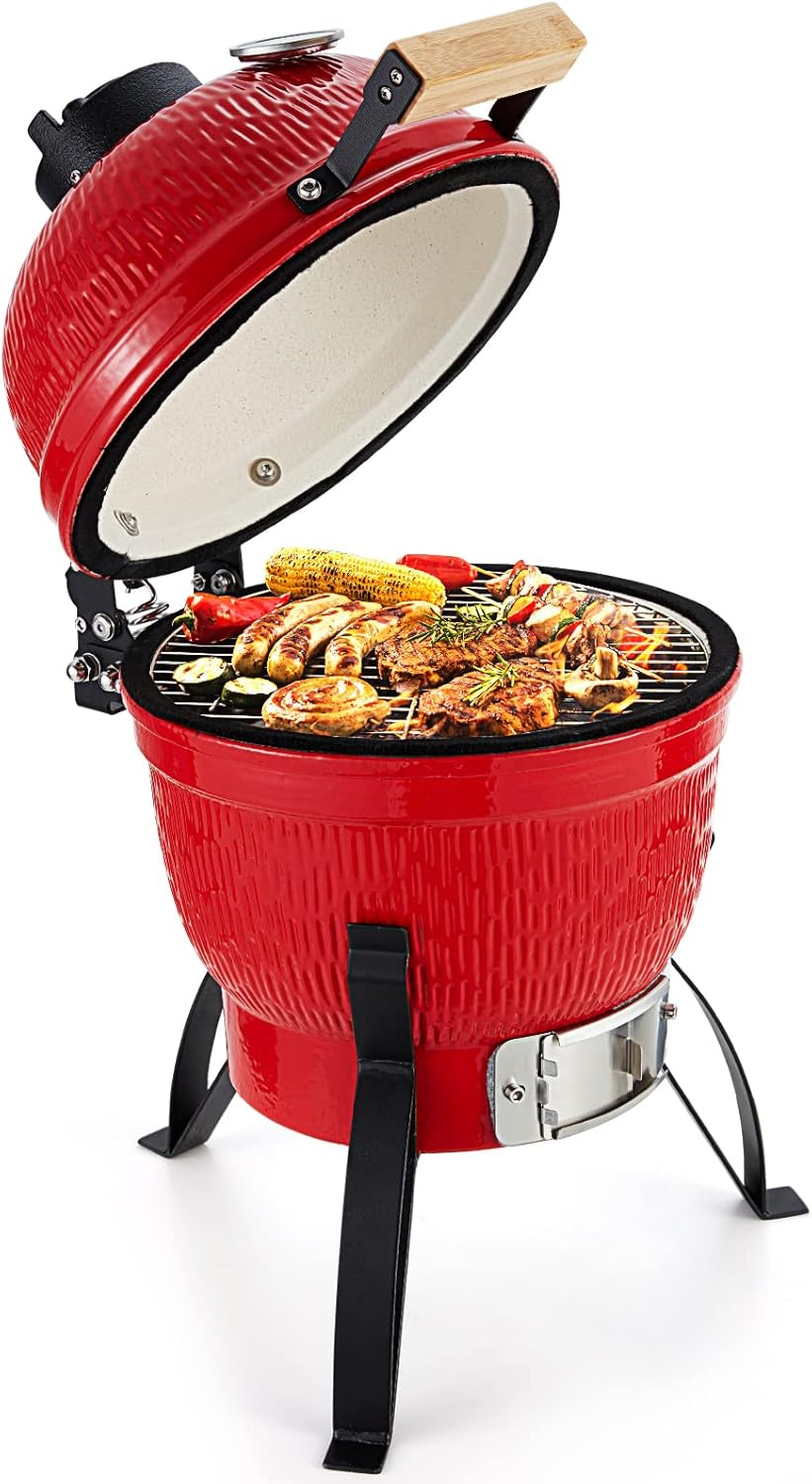 AVAWING 13 Inch Kamado Charcoal Grills, Ceramic BBQ Grills with Portable Bamboo Handle for Variations on Outdoor Cooking for Patio Backyard Camping, Black