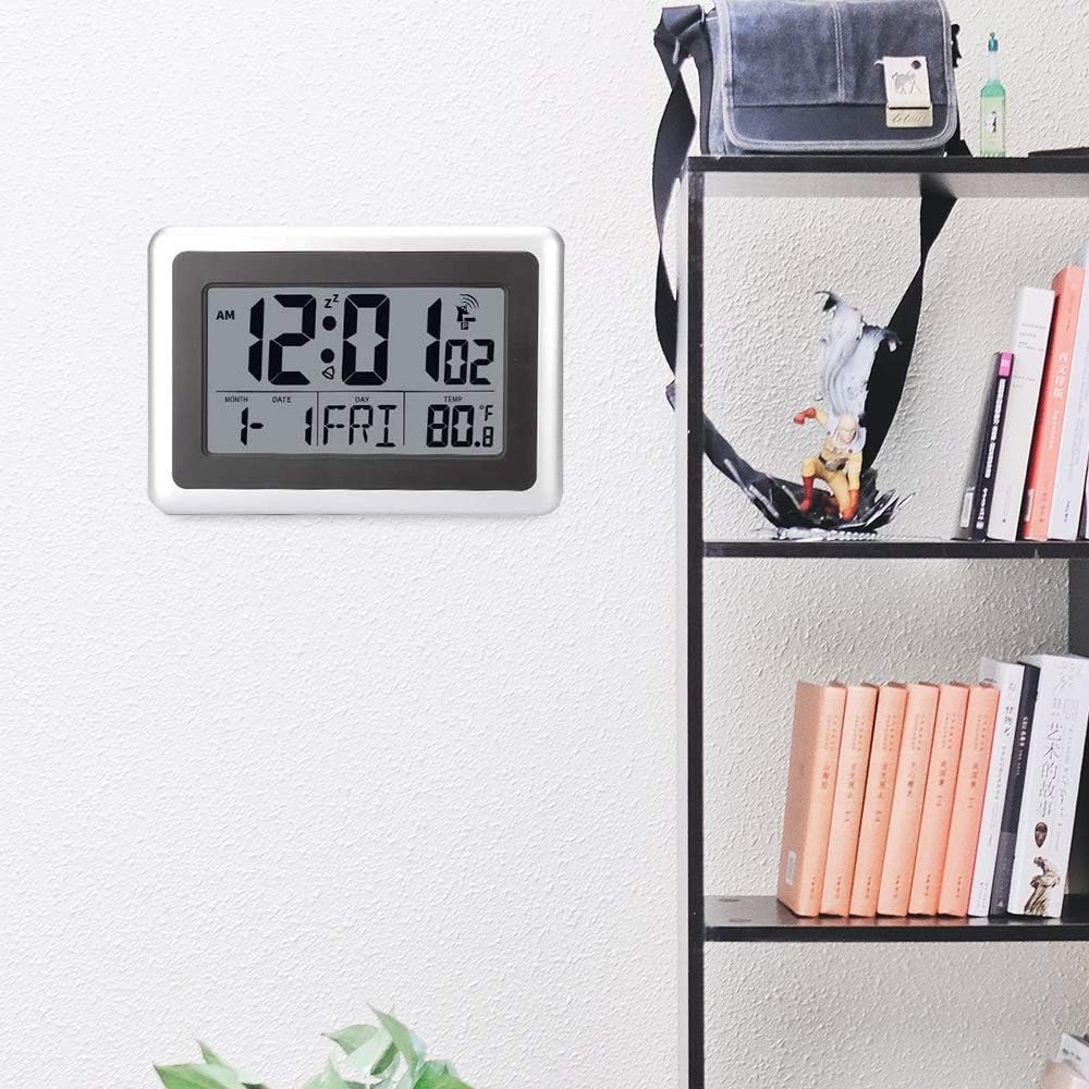 Atomic Wall Desk Clock Large Display with Indoor Outdoor Temperature Date Calendar, Digital Alarm Clock Battery Operated Without Backlight for Kitchen Bedroom