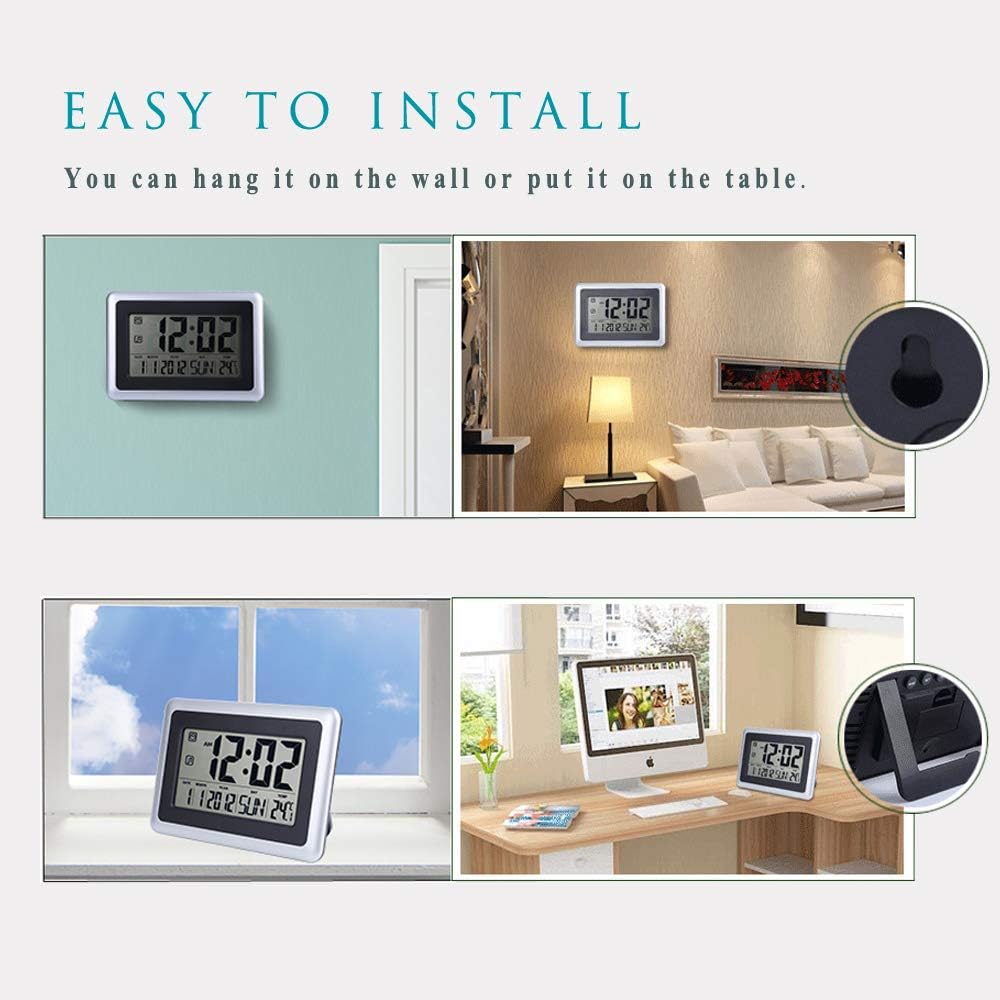 Atomic Wall Desk Clock Large Display with Indoor Outdoor Temperature Date Calendar, Digital Alarm Clock Battery Operated Without Backlight for Kitchen Bedroom