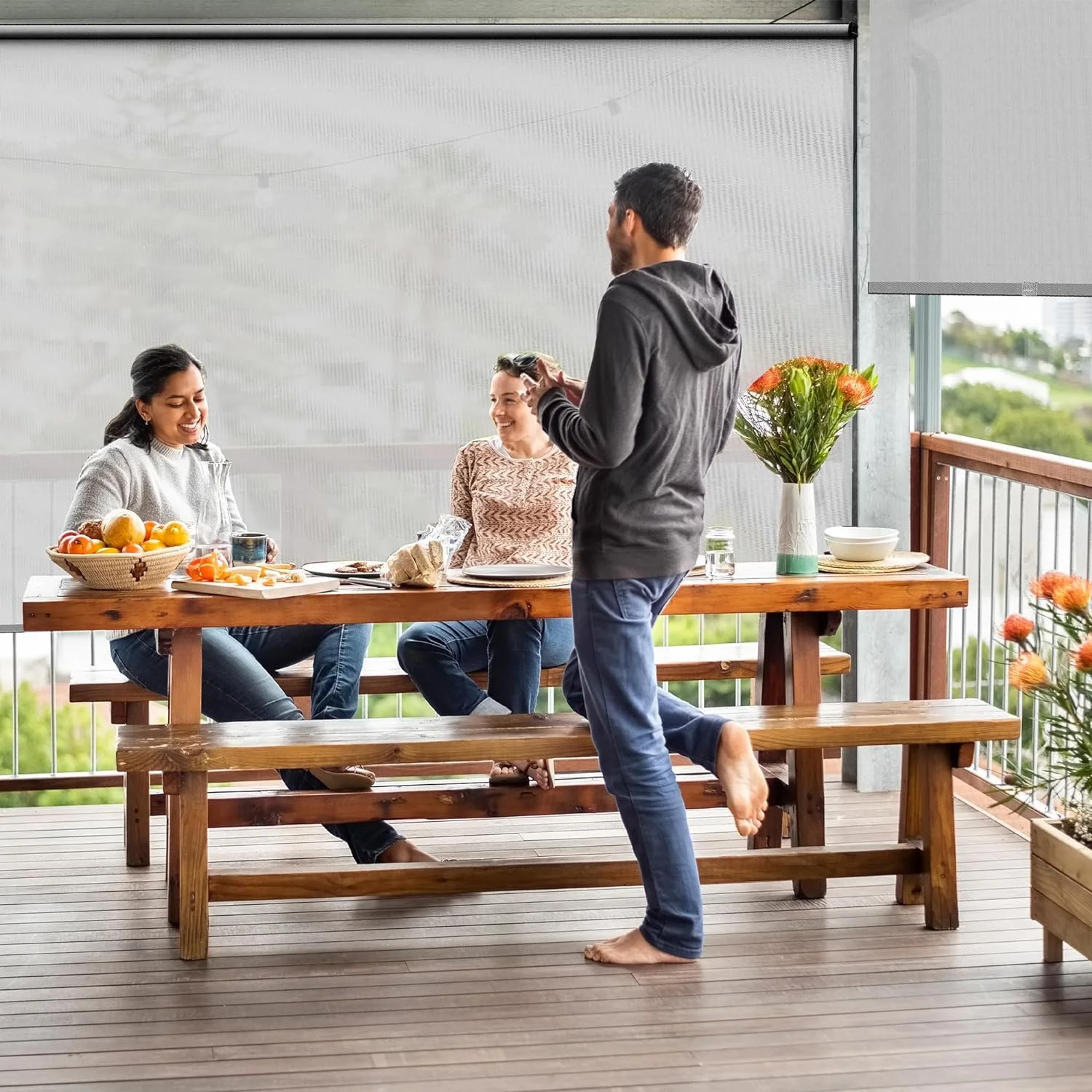 Royalcraft Cordless Outdoor Roller Sun Shade with Pole，6'Wx8'H 420GSM 95% Blockout Waterproof Outdoor Blinds Roll Up for Gazebo Porch, Deck, Pergola,Grey