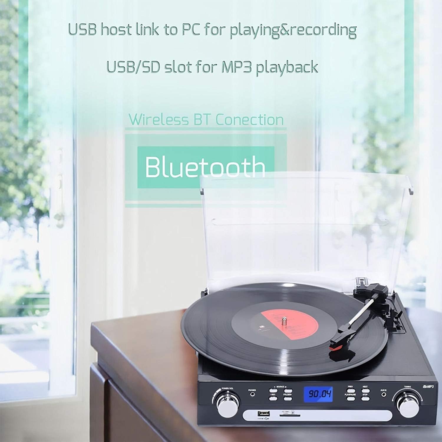 DIGITNOW Bluetooth Record Player with Stereo Speakers, Turntable for Vinyl to MP3 with Cassette Play, AM/FM Radio, Remote Control, USB/SD Encoding, 3.5mm Music Output Jack Pack of 2