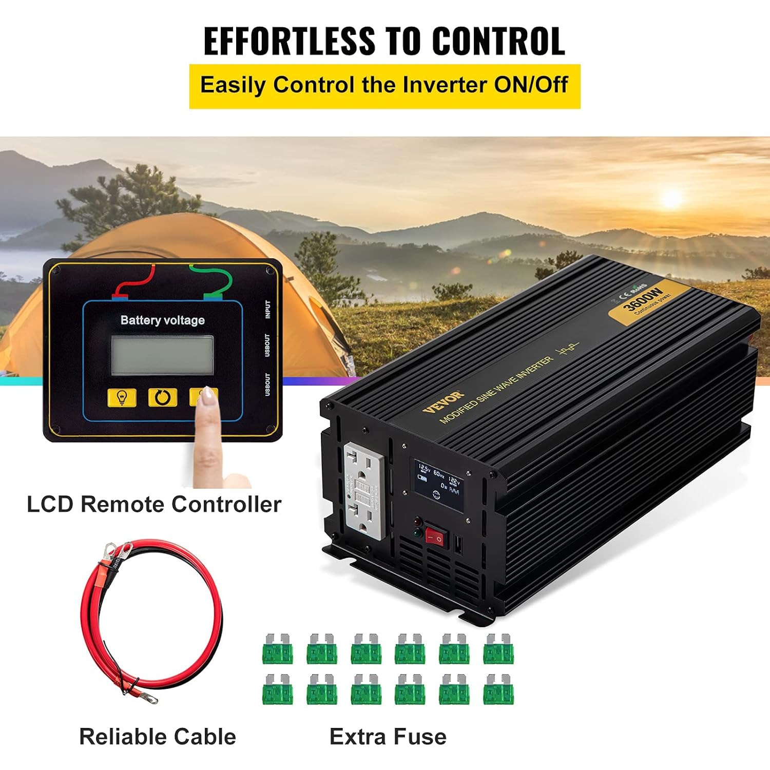 VEVOR Power Inverter, 3600W Modified Sine Wave Inverter, DC 12V to AC 120V Car Converter, with LCD Display, Remote Controller, LED Indicator, GFCI Outlets Inverter for Truck RV Car Boat Travel Camping