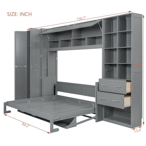 KLMM Wooden Murphy Bed Wall Bed with 2 Wardrobe and Storage Shelf,Foldable Platform Bedframe for Guest-Room Bedroom Study Office Use (White#E, Full)