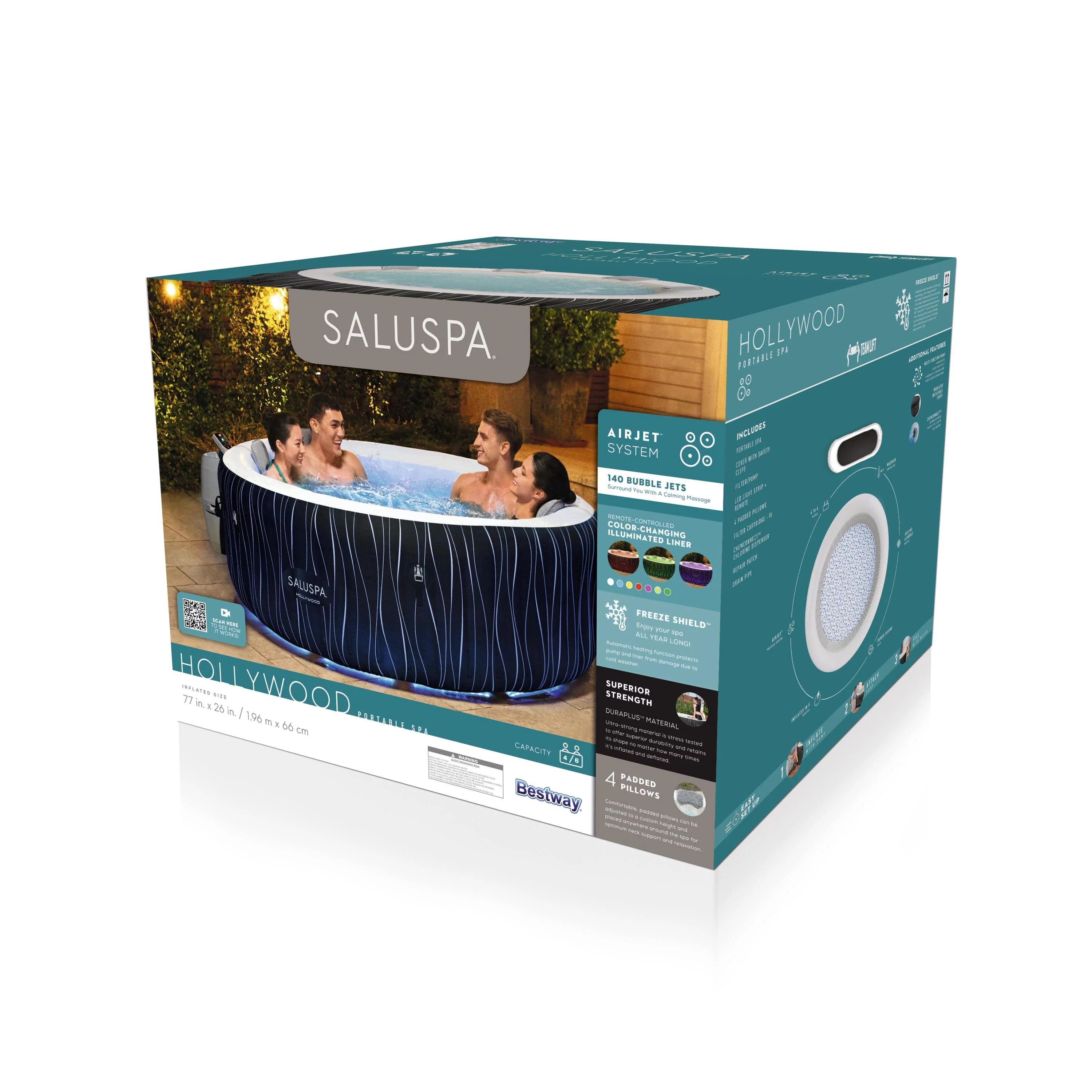 SaluSpa 77" x 26" Hollywood 240 Gal. Inflatable Hot Tub with LED Lights, 104˚F Max Temperature