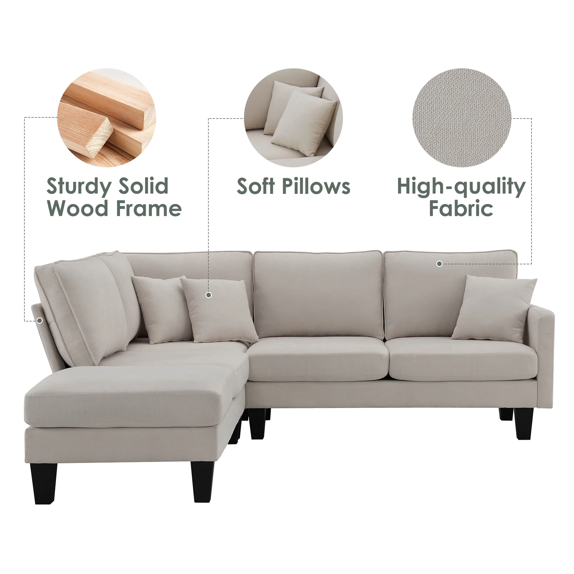 THINK 30,90L * 88W" Terry Fabric Modern L Shape Sectional Sofa,5 Seat Beige Practical Couch Set With Recliner,Simple Indoor Furniture With 3 Pillows for Living Room,Apartment,Office,Bedroom