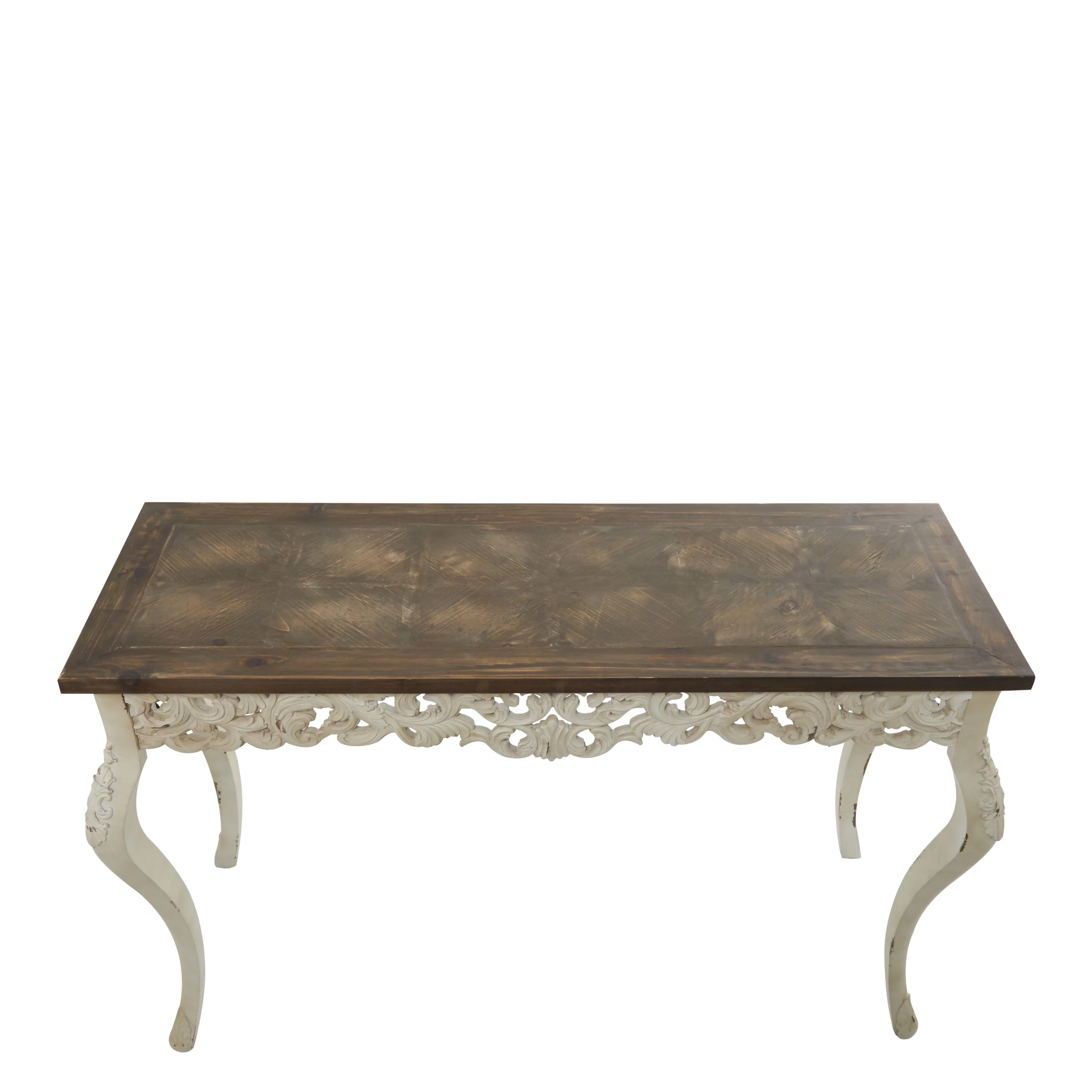 DecMode 46" x 30" White Wood Intricately Carved Floral Console Table with Brown Wood Top, 1-Piece