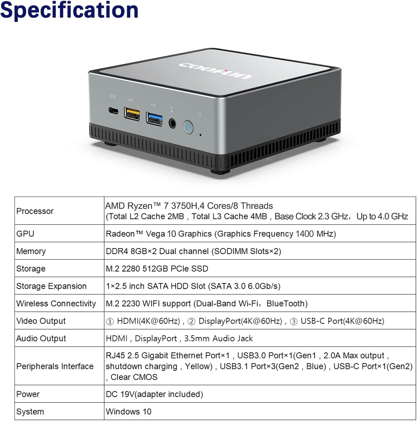 Mini PC AMD Ryzen 7 3750H UM700 | 16 GB RAM 512 GB PCIe SSD Mini Desktop Computer | Radeon RX Vega 10 Graphics | Dual WiFi BT 5.1 | HDMI/Display/USB-C | RJ45 4X USB 3.0 Ports Small Form Factor