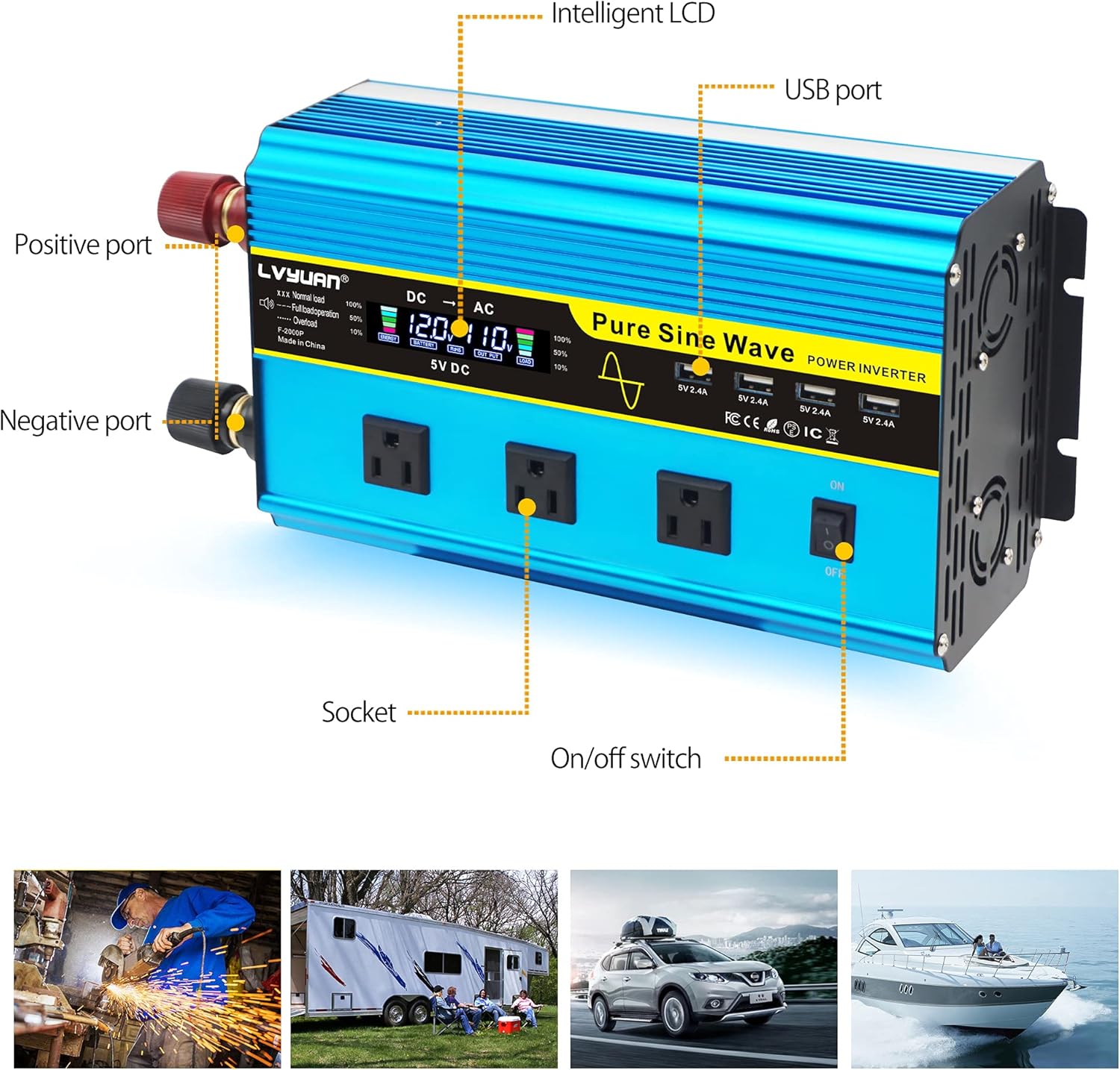 LVYUAN Pure Sine Wave Inverter 1600 Watts Inverter 12V to 110V DC to AC with Remote Controller, LCD Display 4 AC Sockets and 4 USB Ports for Car Truck Solar Power (PSW1600W-GREEN)