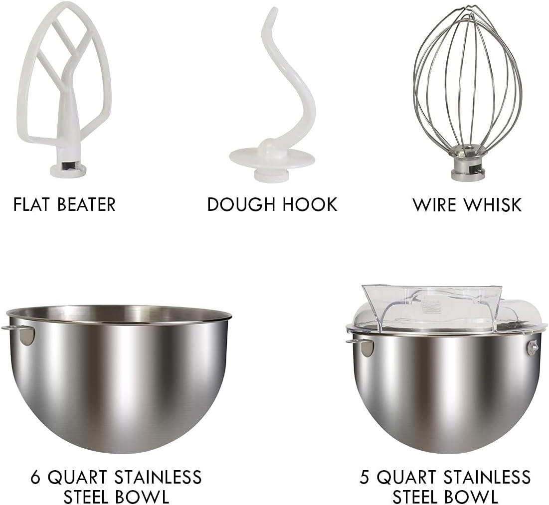 Kenmore Elite Heavy-Duty 6 Qt Bowl-Lift Stand Mixer, 600 Watts, with Flat Beater, Wire Whisk, Dough Hook, Stainless Steel Bowls, LED Light, Digital Countdown Timer, Metallic Grey