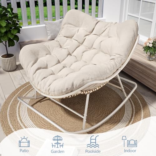 SWITTE Papasan Rocking Chair Outdoor Indoor, Oversized Egg Wicker Rocker with Cushion, Supports 450 lbs, Patio Chair for Balcony or Living Room - Gray