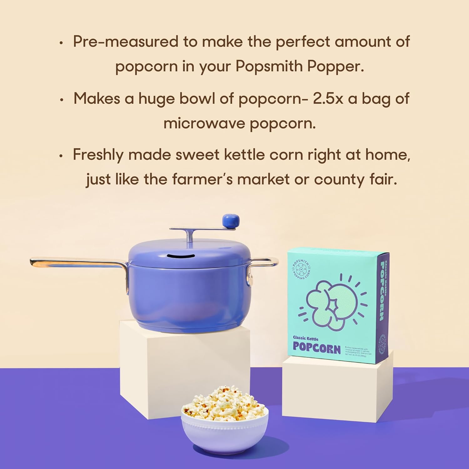 Popsmith Popcorn Popper in Butter & Pack of 5 Classic Kettle Corn Popcorn Kits Bundle - 4 oz Popcorn Packets and Stainless Steel Popcorn Maker Compatible with All Stovetops