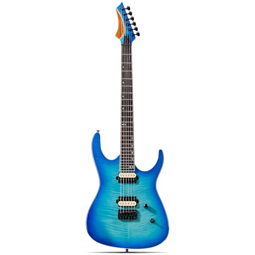 Leo Jaymz Electric Guitar Monsoon Series,Reverse Headstock,Mahogany Body,Roasted Maple Neck,Rosewood Fretboard,Locking Tuners,Rounded End Frets,AlnicoV Pickups,Fixed Bridge (Blue Flame)