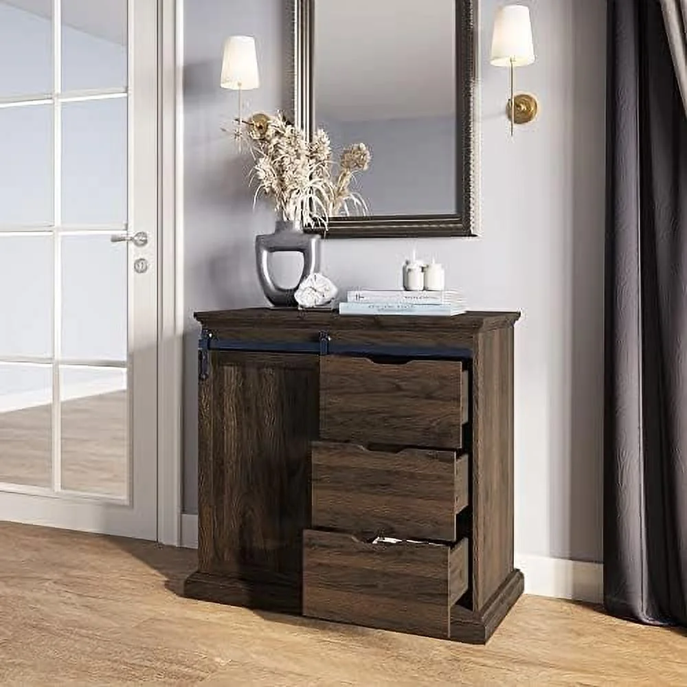 JDZHAPPYLIFE Sideboard Buffet Cabinet with  Console Table Coffee   Cabinet with 1 Sliding Barn Door and 3 Drawers for Living Room Kitchen Dinning Room  Dark Walnut-31.5" L x15.7 Wx31. - Curated Treasures Market
