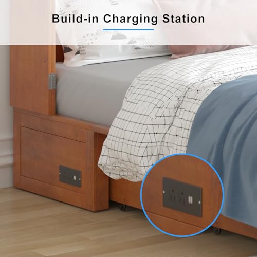 PUREMIND Queen Murphy Bed Cabinet with 2 Storage Drawers, Hideaway Murphy Chest Bed with Mattress, Cabinet Beds Wallbed with USB Charging Station for Bedroom, Guest Room