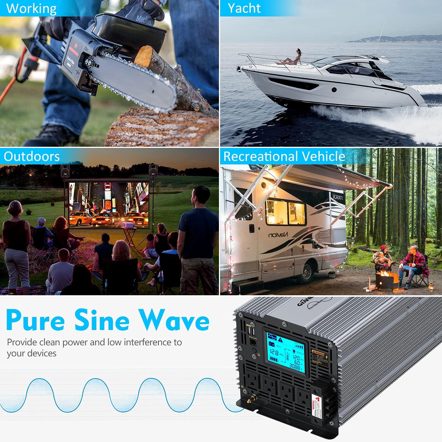 GIANDEL Pure Sine Wave Power Inverter 5000 Watt Converts DC 12 Volt to AC 120 Volt with Hard Wire Terminals & Push Mount Remote Control with LCD Display for Solar System RV Trucks Camper Boats