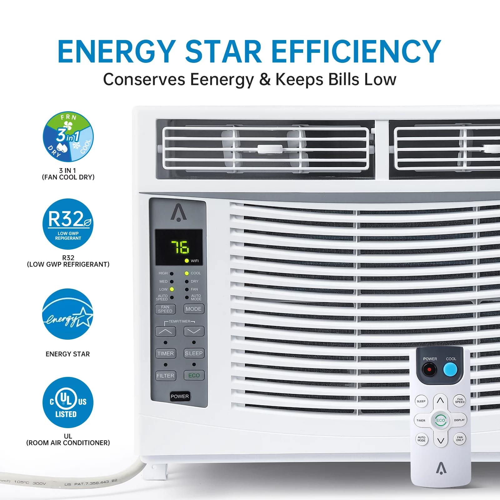 Window-Mounted Room Air Conditioner, 8,000 BTU, Cools 350 Sq.ft, Quiet Operation, Window AC Unit with Remote/App Control and Dehumidification Function