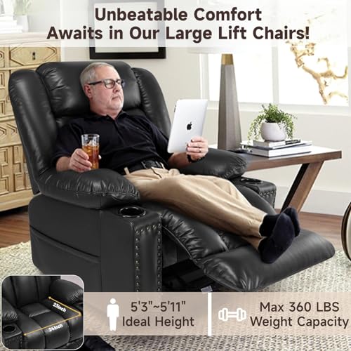 Large Power Lift Chairs Recliners for Elderly with Heated and Massage, Overstuffed Adjustable Lift Chairs, 3 Positions, Breathable Leather, USB-A and USB-C, Cup Holder, Side Pocket Dark Brown